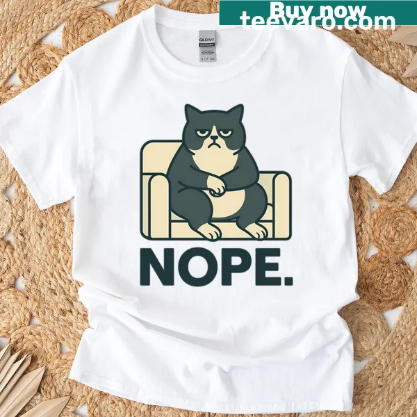 Funny T-shirt with a cartoon of a grumpy lounging cat
