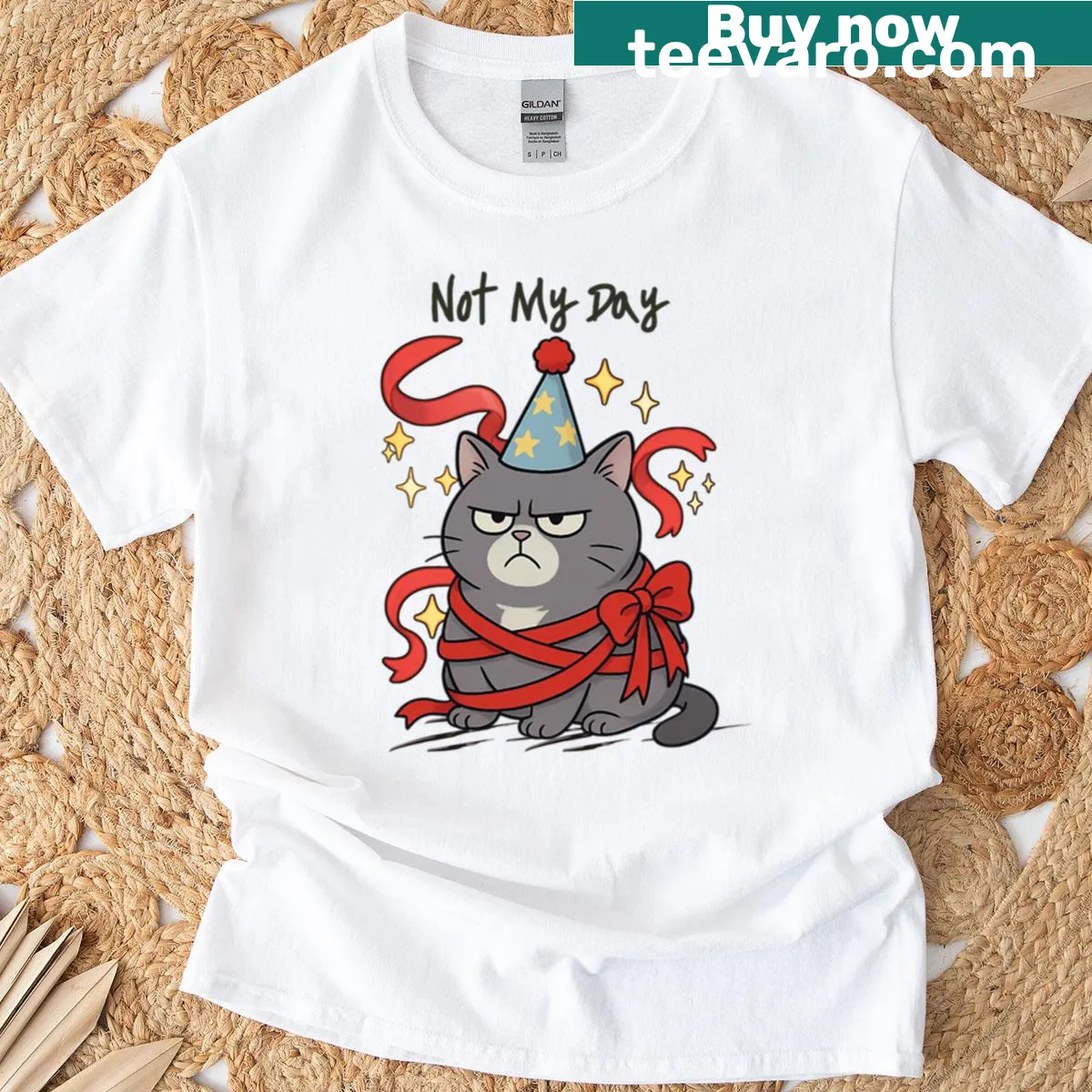 Cartoon grumpy cat in party setting with humorous text — on a men's t-shirt