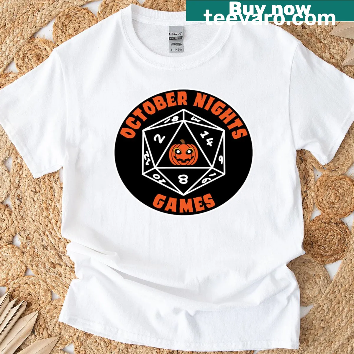 October Nights gaming logo graphic t-shirt — on a men's t-shirt