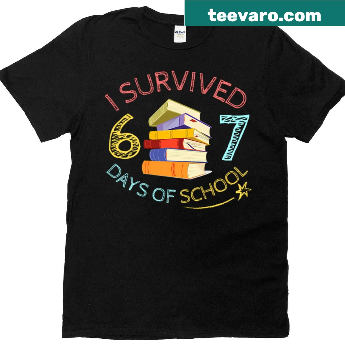 T-shirt that humorously states 'I Survived 67 Days of School' — on a men's t-shirt
