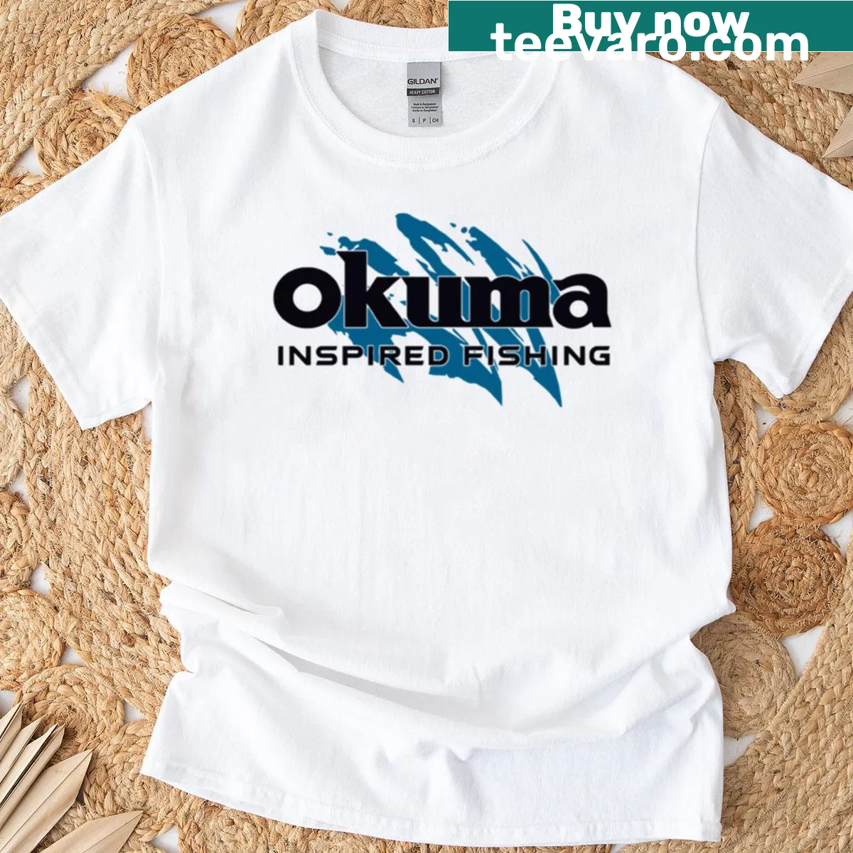 Fishing-themed T-shirt featuring Okuma inspired graphic design — on a men's t-shirt