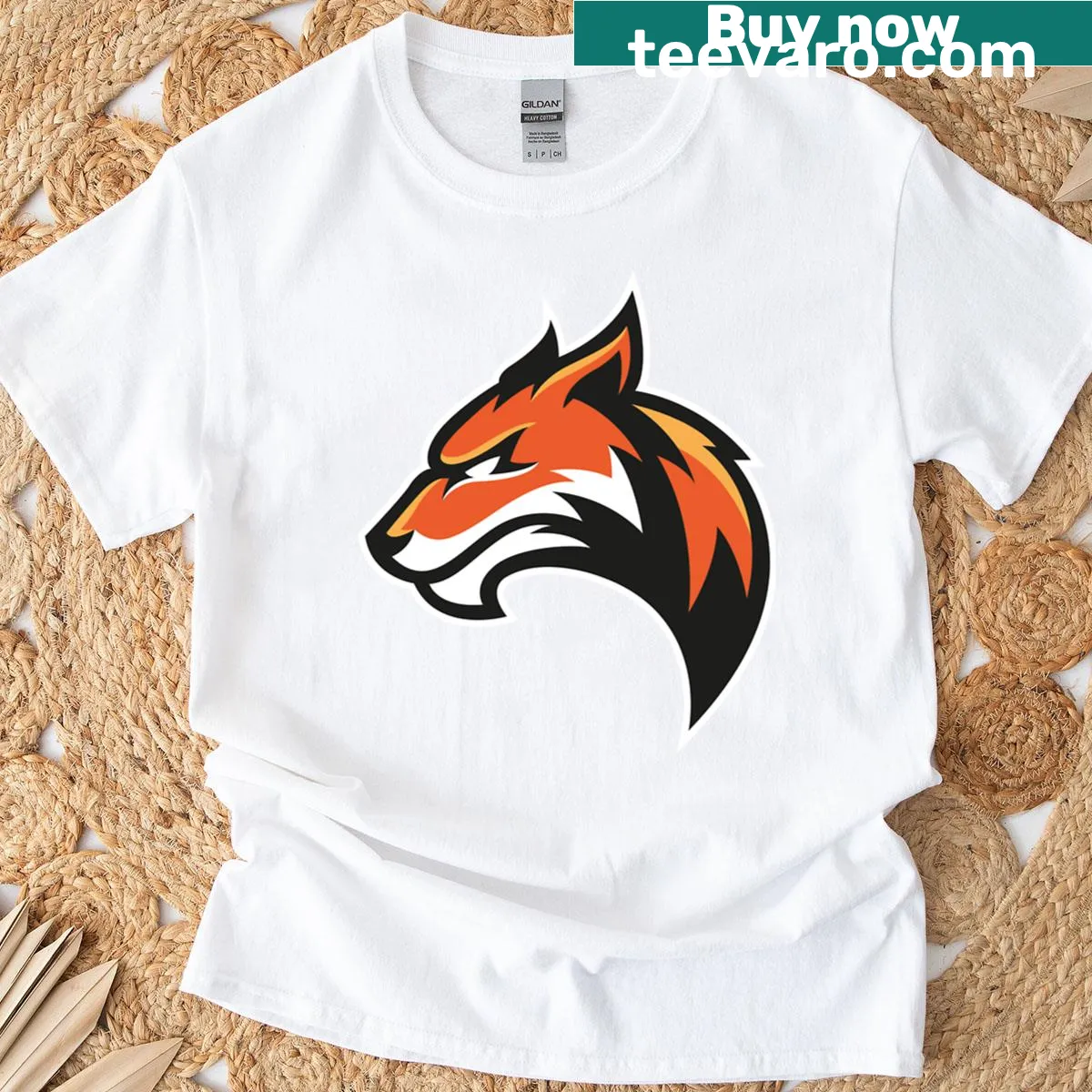 Oversized T-shirt with fierce orange wolf mascot logo design — on a men's t-shirt