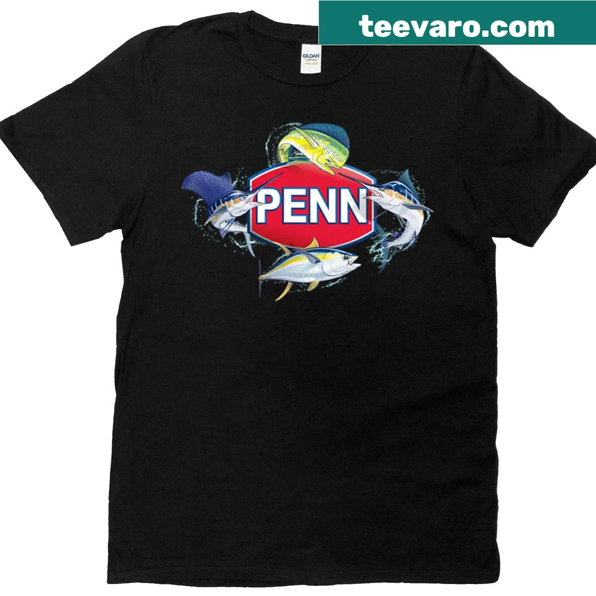 Cartoon graphic of Penn Tuna on a playful t-shirt design. — on a men's t-shirt