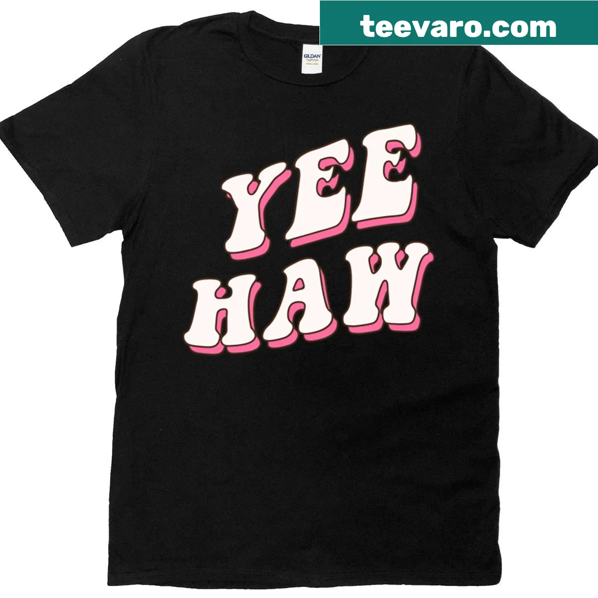 Playful Pink Aesthetic Yeehaw typography t-shirt — on a men's t-shirt