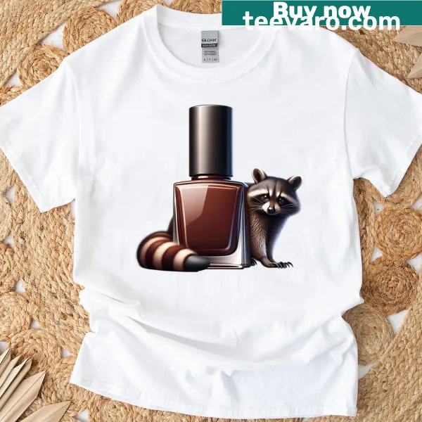 Cute raccoon illustration with nail polish on T-shirt
