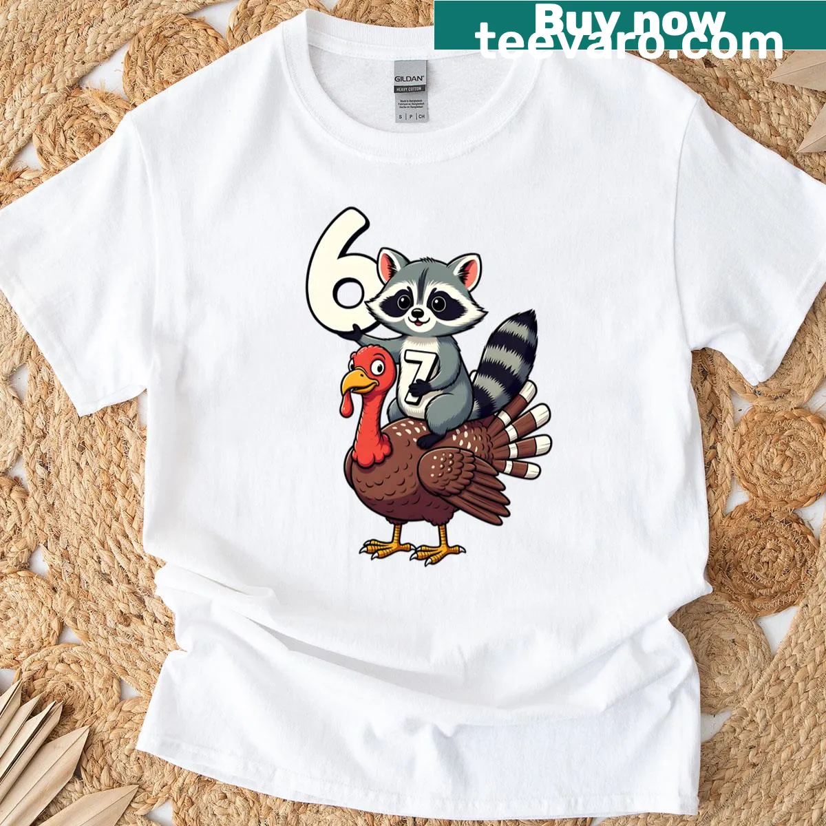 Cute Thanksgiving T-shirt featuring a raccoon riding a turkey — on a men's t-shirt