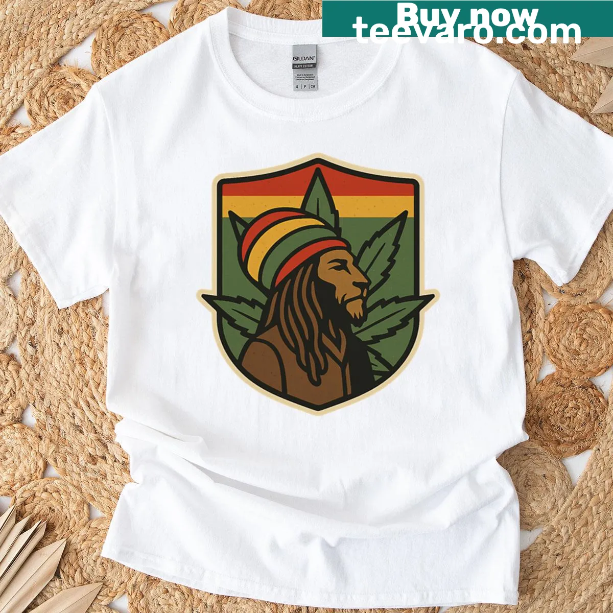 T-shirt featuring a Rasta lion logo design — on a men's t-shirt