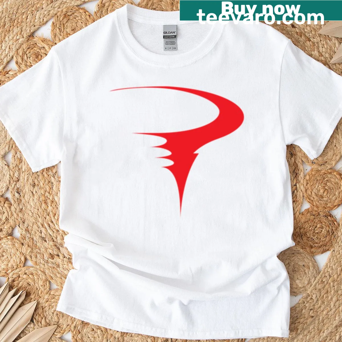 T-shirt depicting a bold red mountain bike graphic — on a men's t-shirt