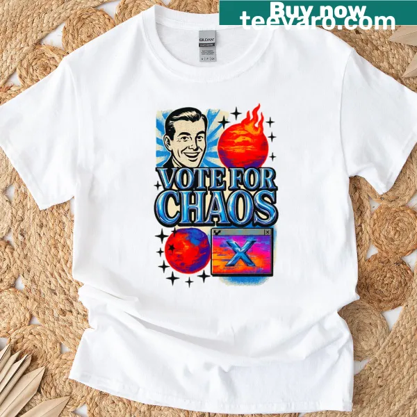 Retro futurist T-shirt with bold text about voting for chaos