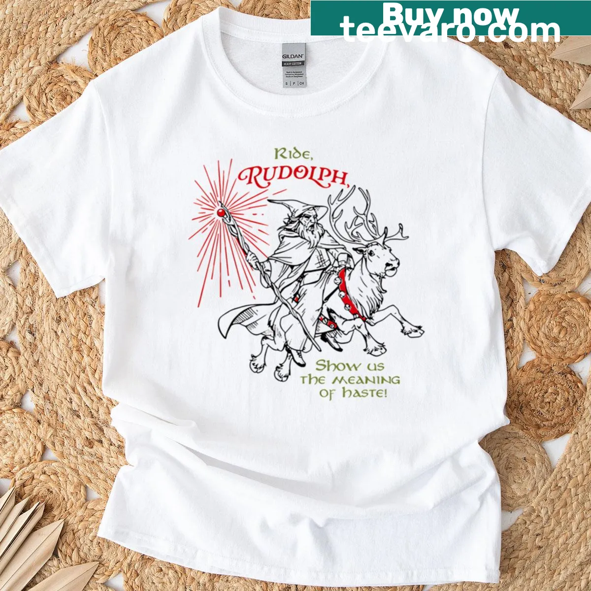 Festive t-shirt with Rudolph and 'Ride Rudolph Show Us The Meaning Of Haste' — on a men's t-shirt