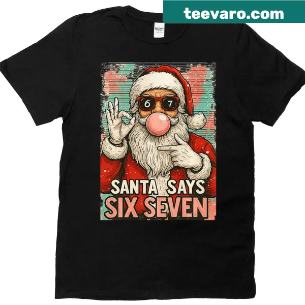 Humorous Santa Christmas tee with 'Six Seven' meme design