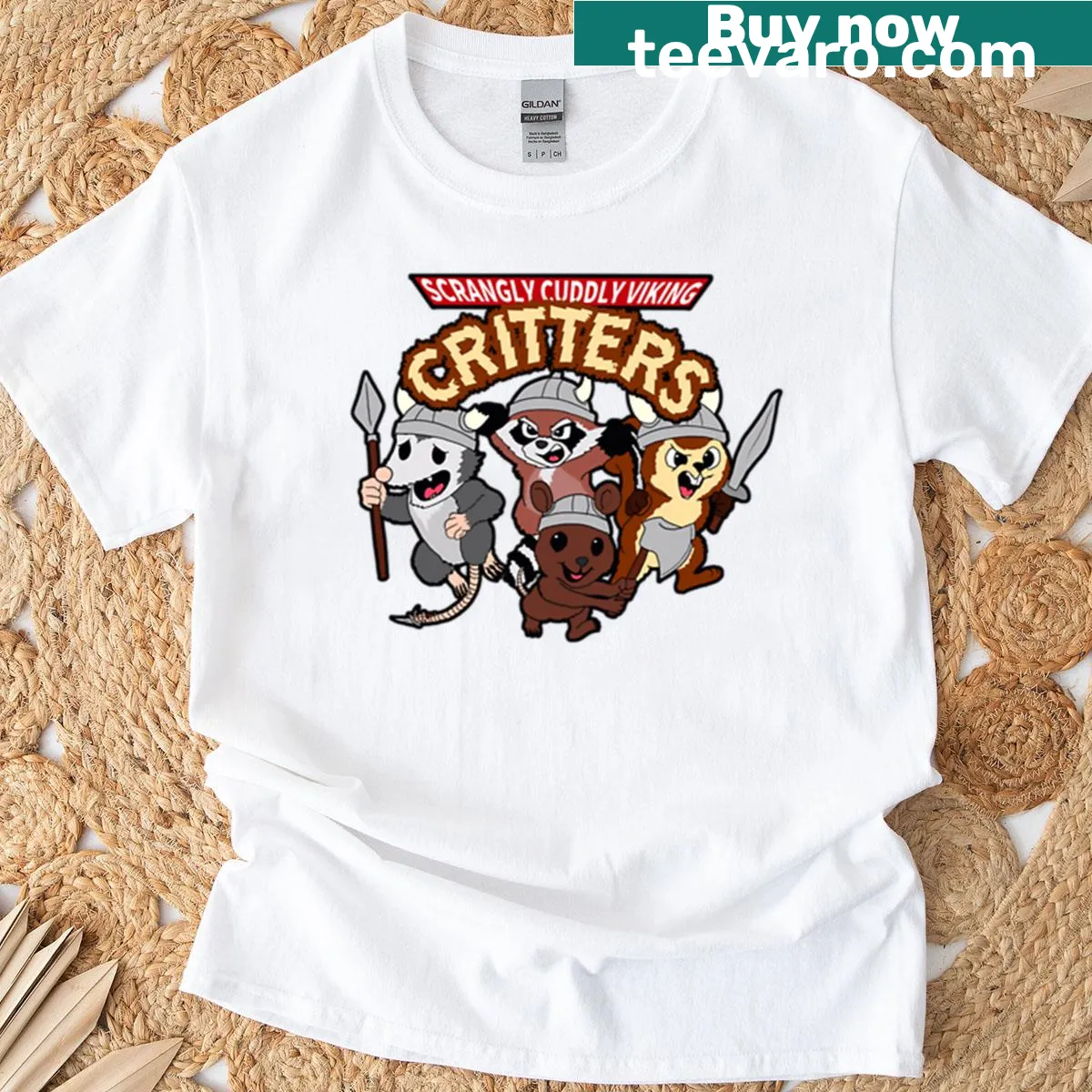 Cartoon-style Viking critters t-shirt with playful design — on a men's t-shirt