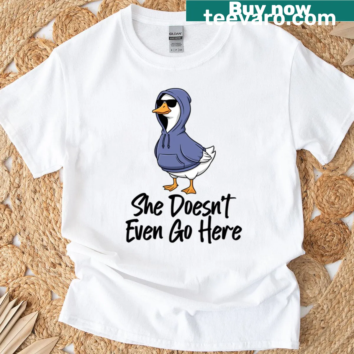 Mean Girls inspired t-shirt with the quote, 'She Doesn't Even Go Here' — on a men's t-shirt