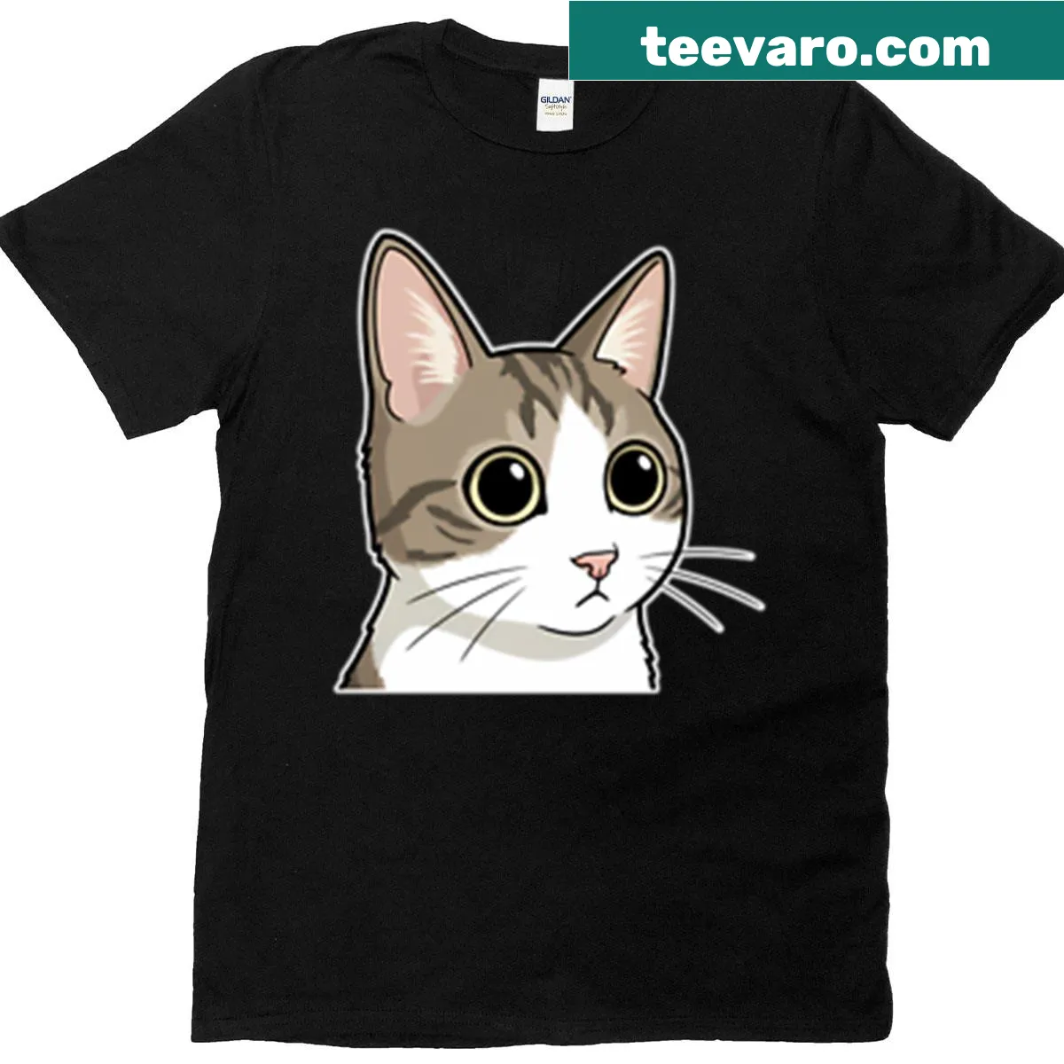 Cartoon T-shirt featuring shocked cat with big eyes and funny expression — on a men's t-shirt