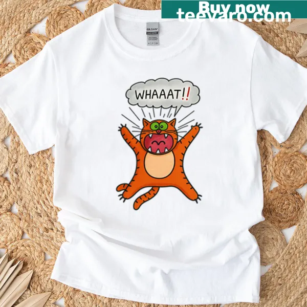Cartoon illustration of shocked orange cat yelling on a t-shirt.