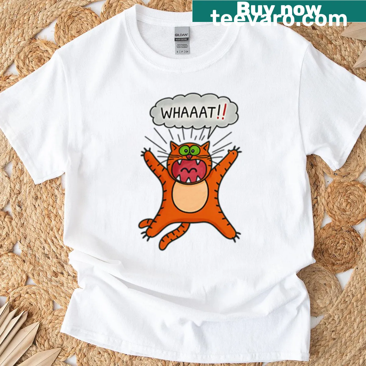 Cartoon illustration of shocked orange cat yelling on a t-shirt. — on a men's t-shirt