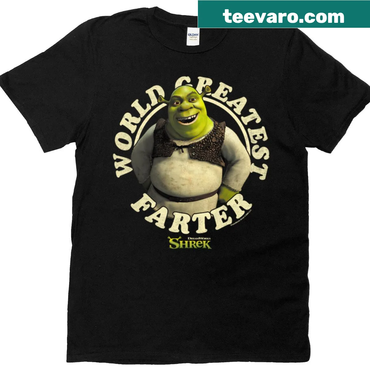 Distressed logo T-shirt celebrating fathers with Shrek theme — on a men's t-shirt