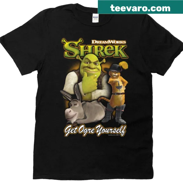Cartoon Shrek characters t-shirt with Get Ogre Yourself text