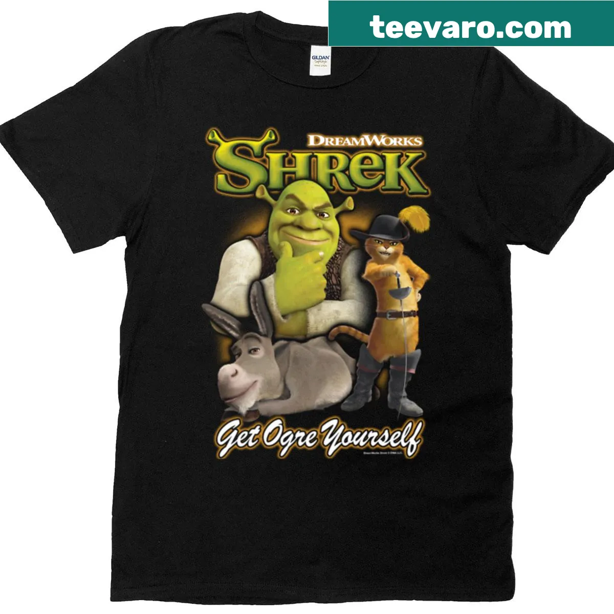 Cartoon Shrek characters t-shirt with Get Ogre Yourself text — on a men's t-shirt