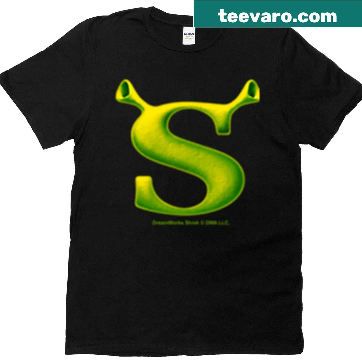 Small Shrek ears logo t-shirt on left chest — on a men's t-shirt
