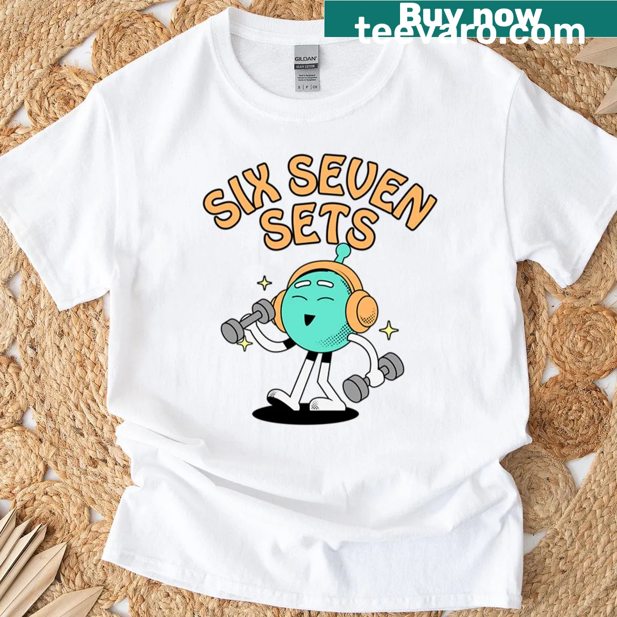 Oversized gym T-shirt featuring humorous workout meme illustrations — on a men's t-shirt
