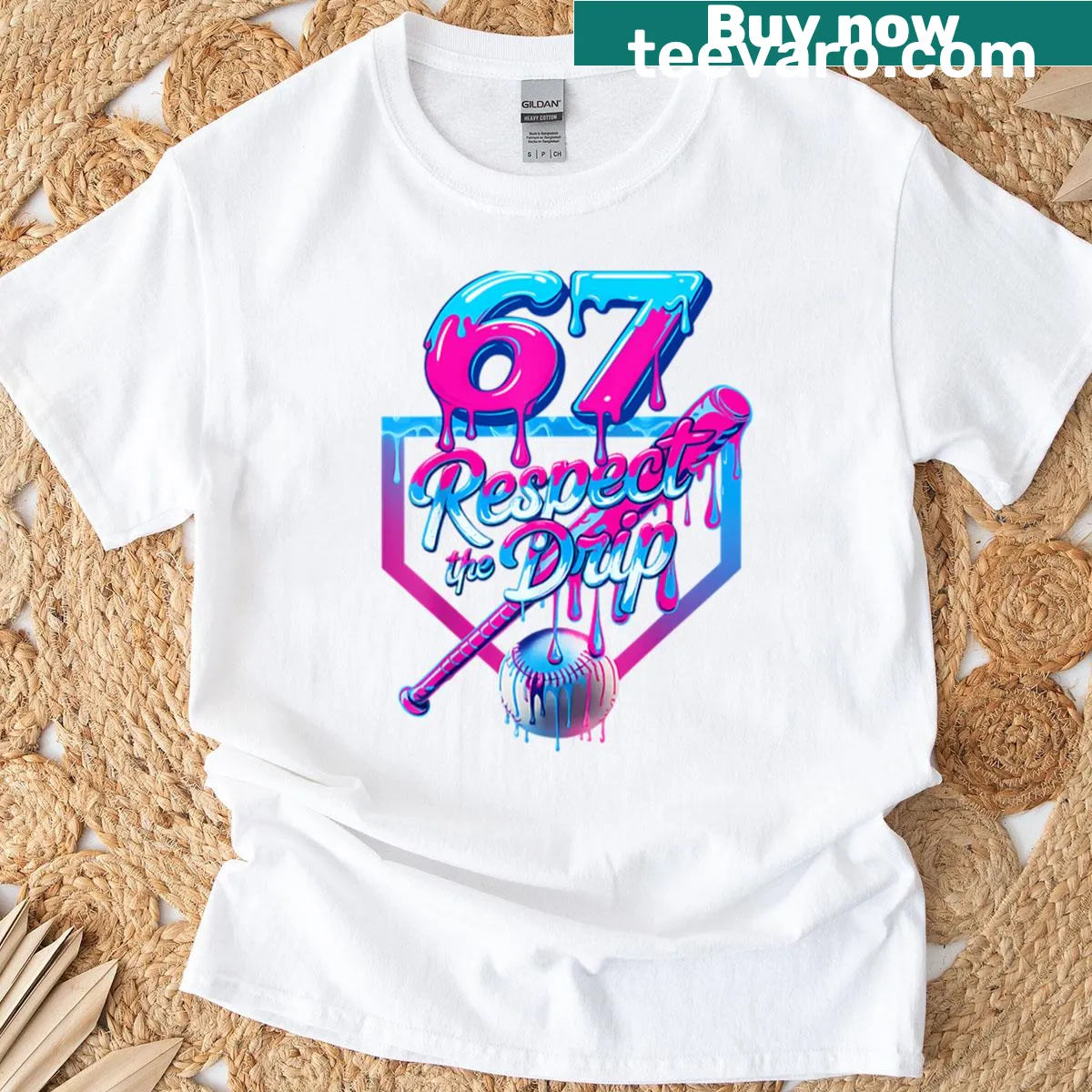 Baseball-style t-shirt with the phrase 'Respect The Drip' — on a men's t-shirt