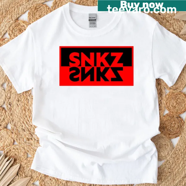 Mirrored Snkz logo graphic on a T-shirt.
