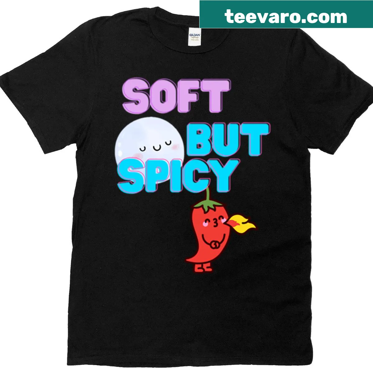 Oversized t-shirt featuring the quote 'Soft But Spicy.' — on a men's t-shirt