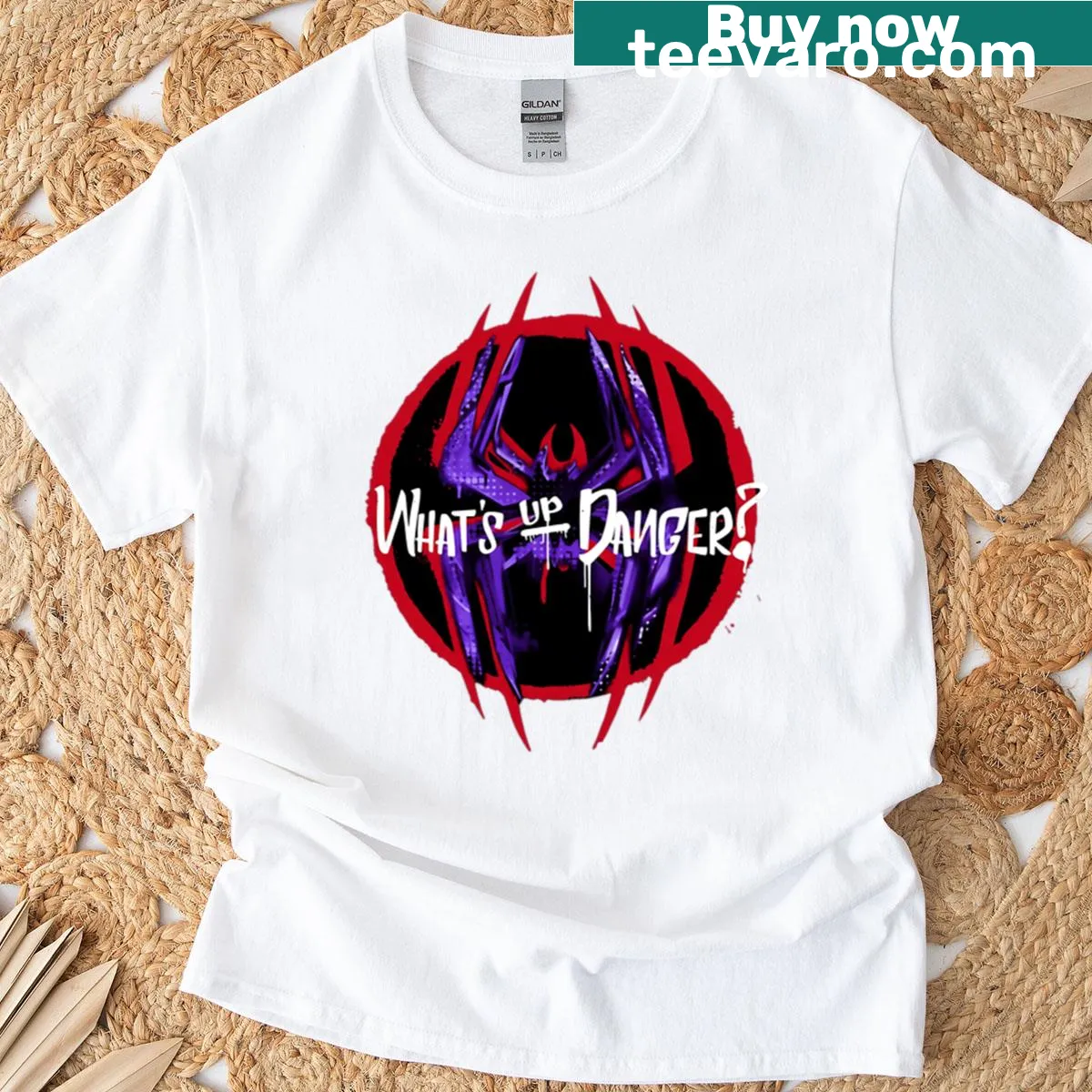 Oversized Spider-Man t-shirt featuring What's Up Danger logo — on a men's t-shirt