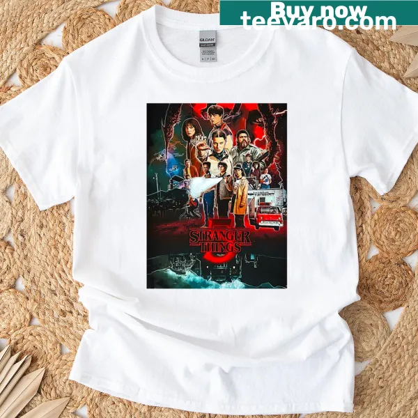 Oversized T-shirt featuring Hawkins heroes fan art from Stranger Things.