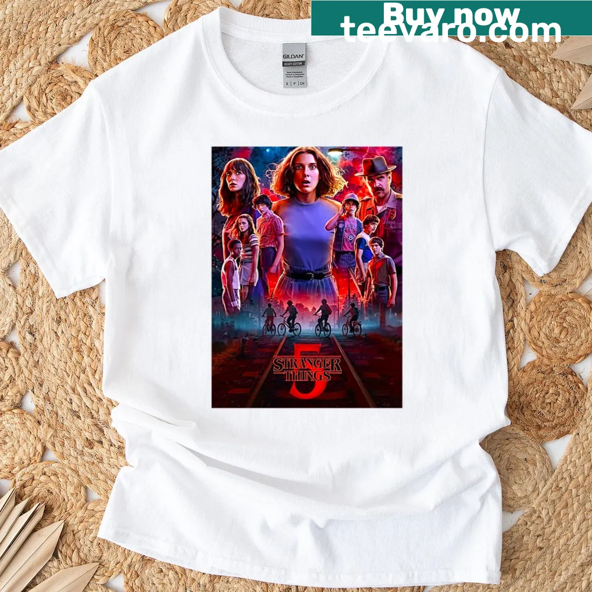 Oversized t-shirt featuring Hawkins Heroes from Stranger Things in high definition. — on a men's t-shirt