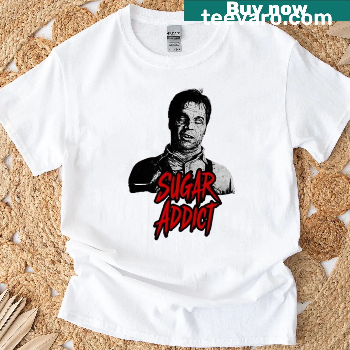 Sugar Addict graphic t-shirt with a glitchy design and logo — on a men's t-shirt
