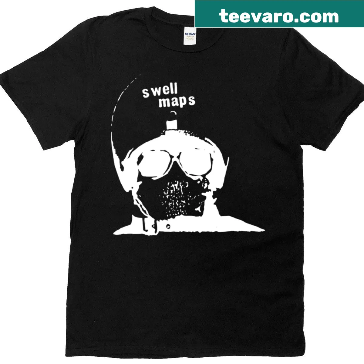 Swell Maps band T-shirt with bold logo illustration — on a men's t-shirt