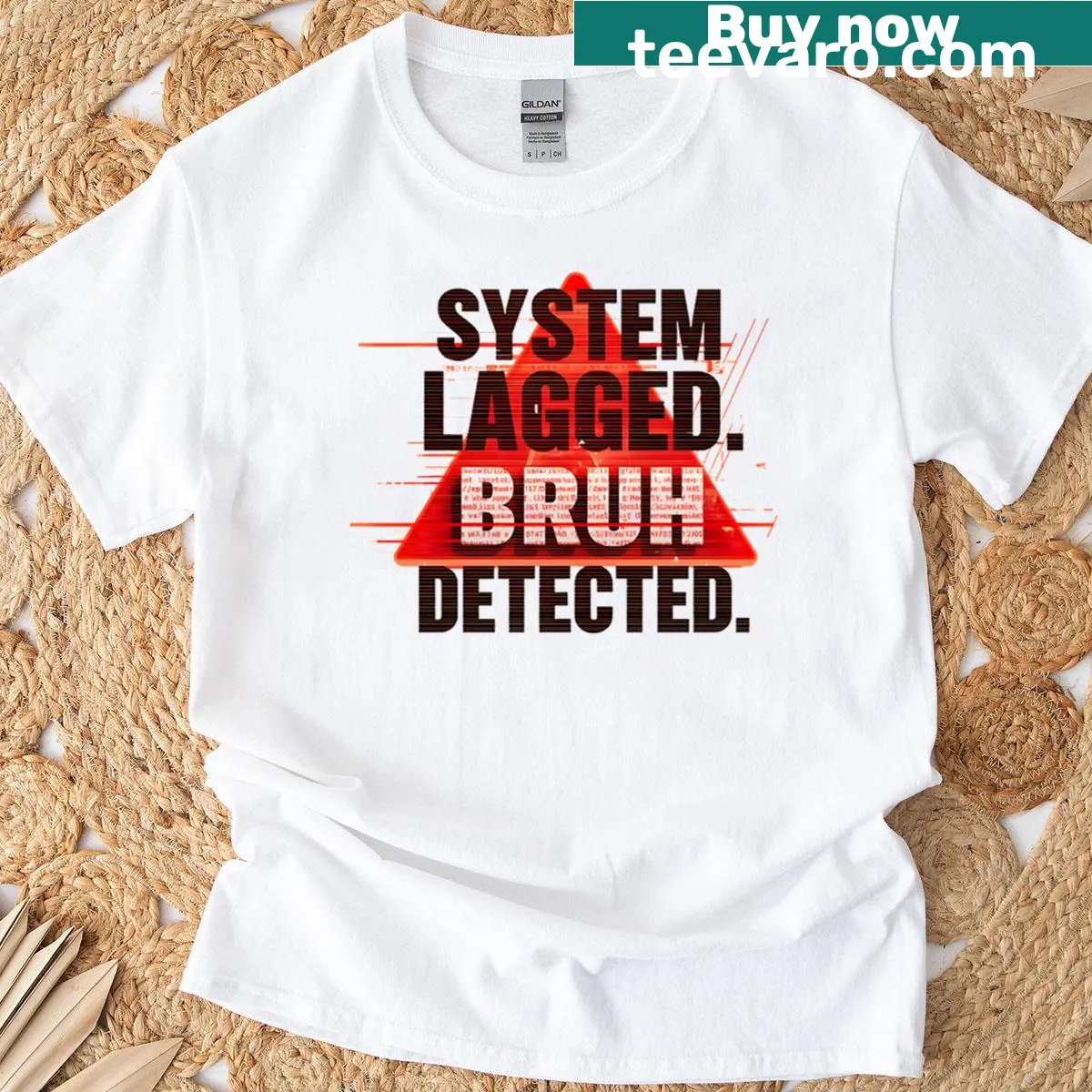 Neon t-shirt with the phrase 'System Lagged Bruh Detected' in synthpunk style — on a men's t-shirt