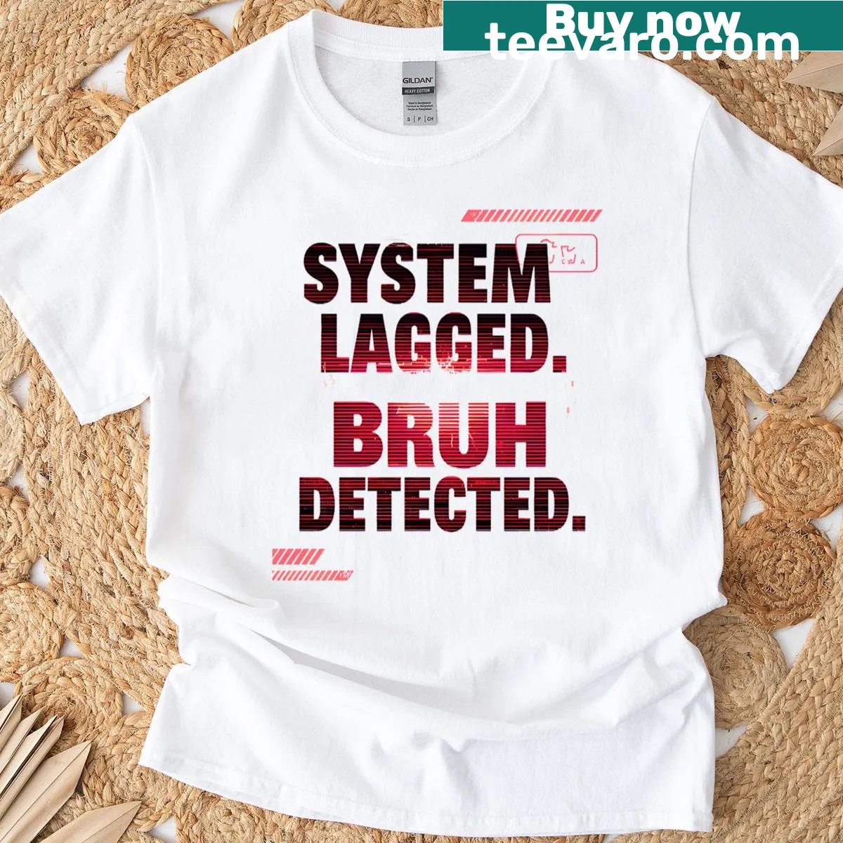 Edgy neon design T-shirt with 'System Lagged Bruh Detected' text — on a men's t-shirt