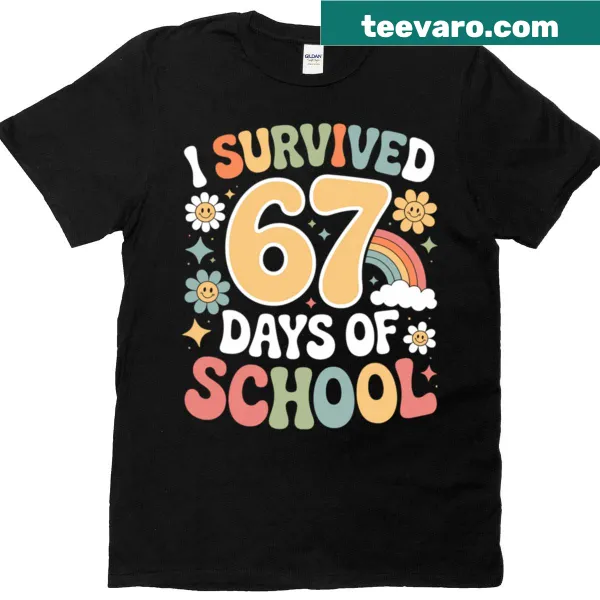 Funny teacher T-shirt with 'I Survived 67 Days of School' text
