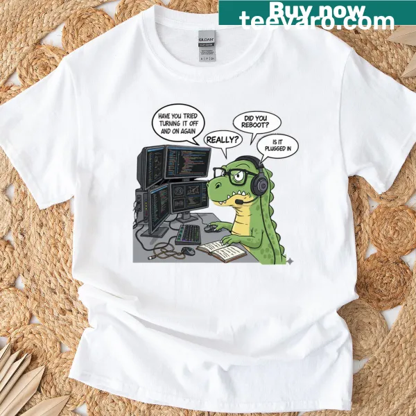 Funny dinosaur graphic T-shirt for IT support