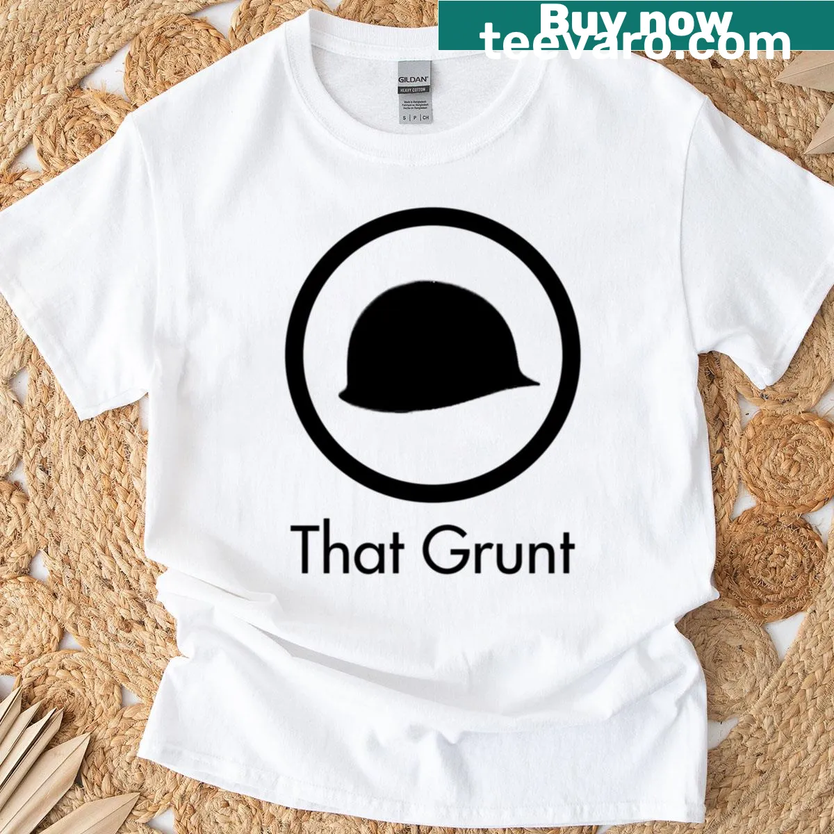 Bold badge logo T-shirt featuring That Grunt design — on a men's t-shirt
