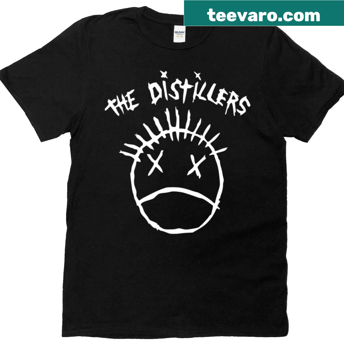 The Distillers band logo on an oversized t-shirt — on a men's t-shirt