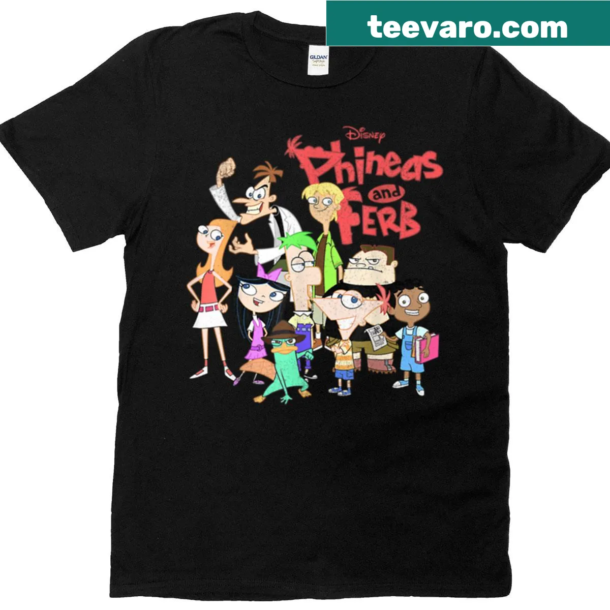 Illustrative logo T-shirt featuring Ferb and Phineas — on a men's t-shirt