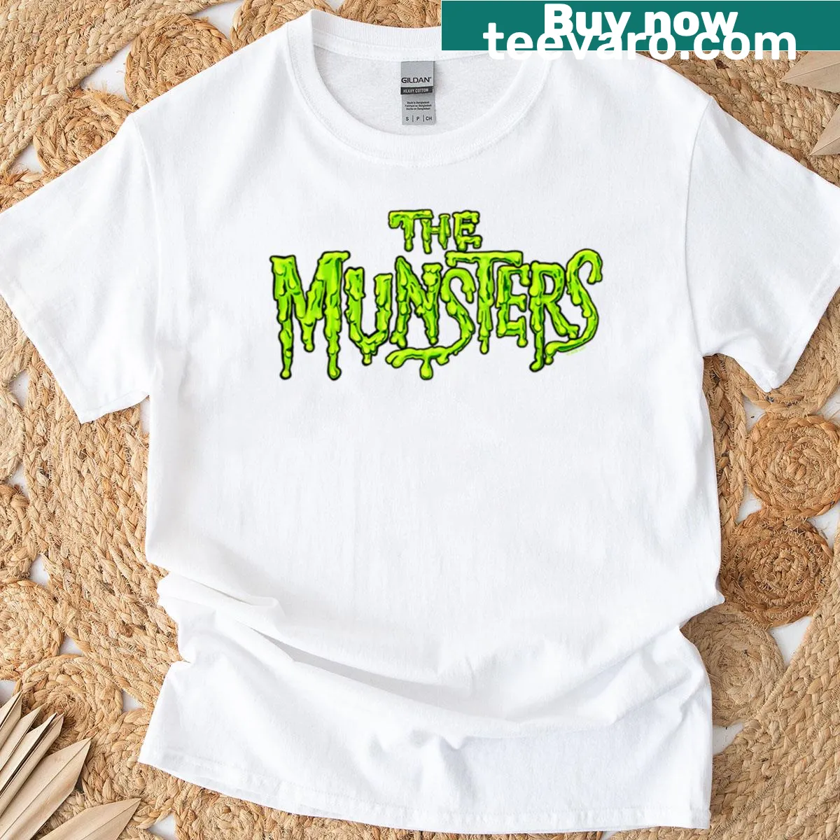Cartoon-style Munsters logo with slime text on a T-shirt — on a men's t-shirt