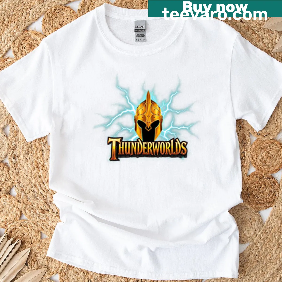 Pocket T-shirt featuring Thunderworlds logo design — on a men's t-shirt