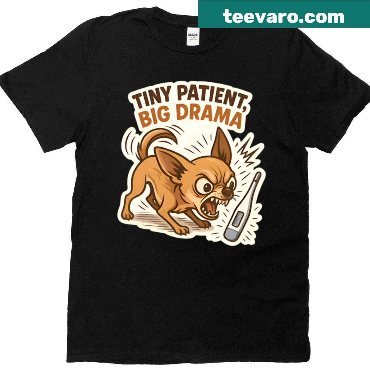 Chihuahua illustration battling a thermometer on an oversized t-shirt — on a men's t-shirt