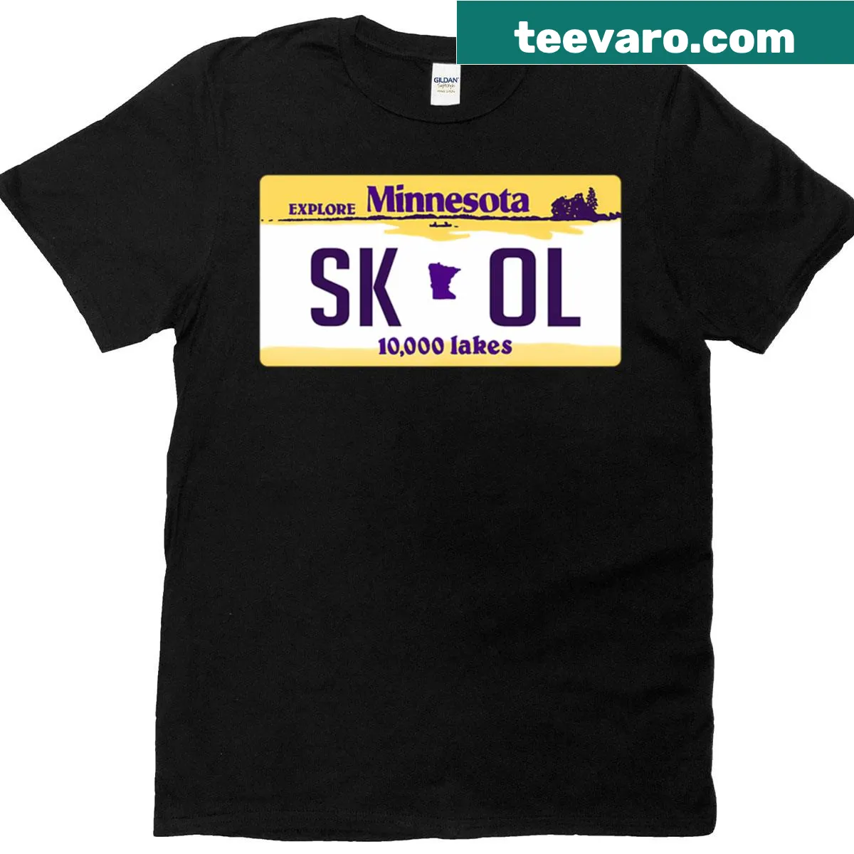 Minnesota license plate graphic t-shirt with 'skol' text for Vikings fans. — on a men's t-shirt