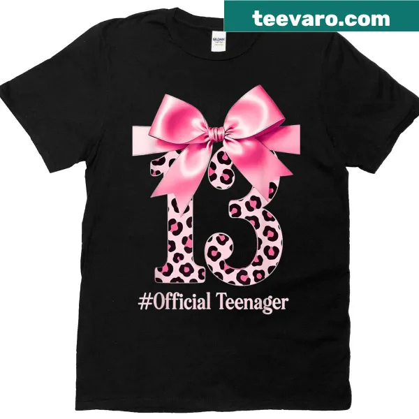 Cute t-shirt for 13th birthday girl with pink bow and leopard print