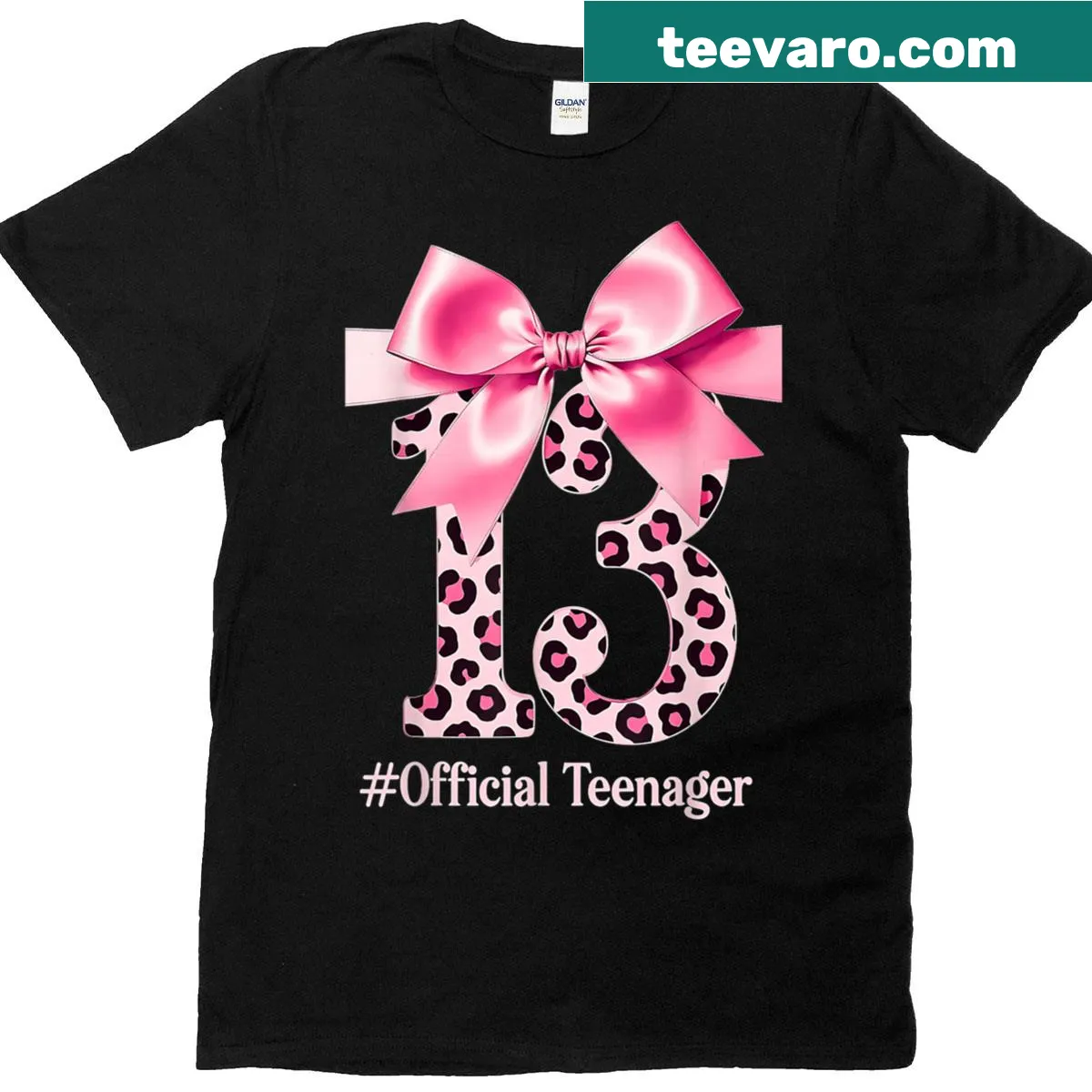 Cute t-shirt for 13th birthday girl with pink bow and leopard print — on a men's t-shirt