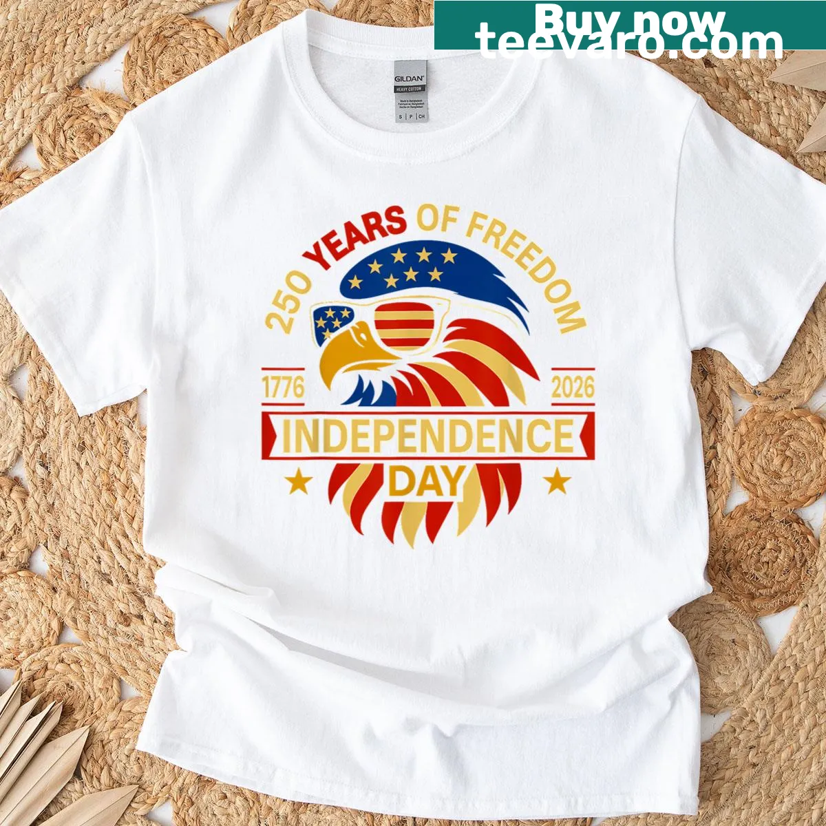 Patriotic t-shirt with eagle and US flag for 250th anniversary — on a men's t-shirt