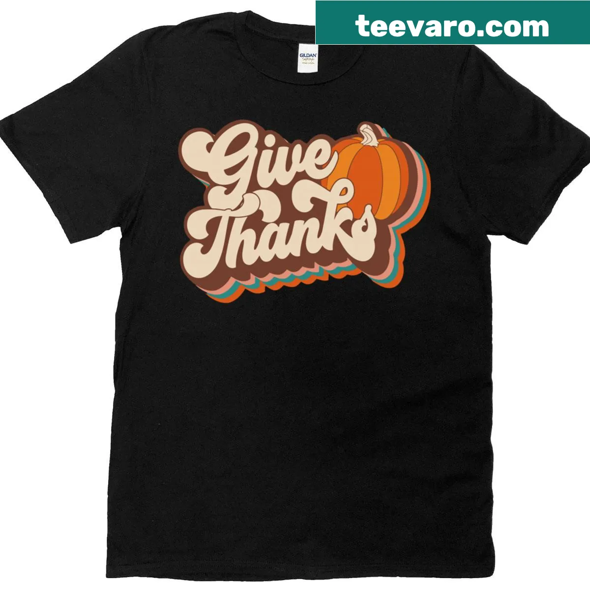 Retro-style t-shirt with pumpkins and 'Give Thanks' text — on a men's t-shirt