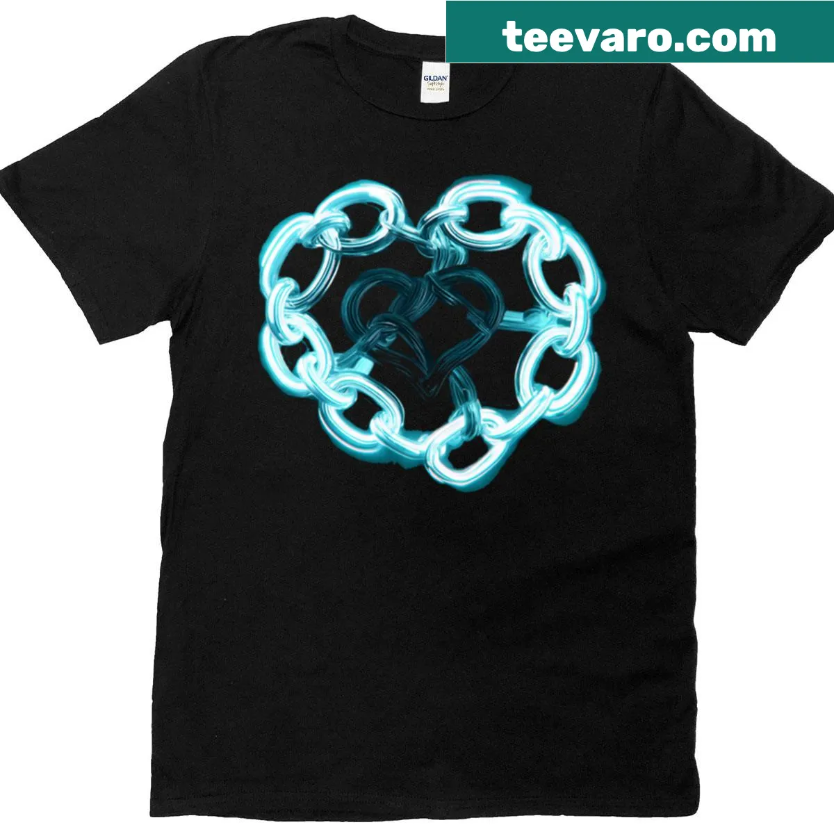 T-shirt with a design showing a chain holding a heart symbolizing love. — on a men's t-shirt