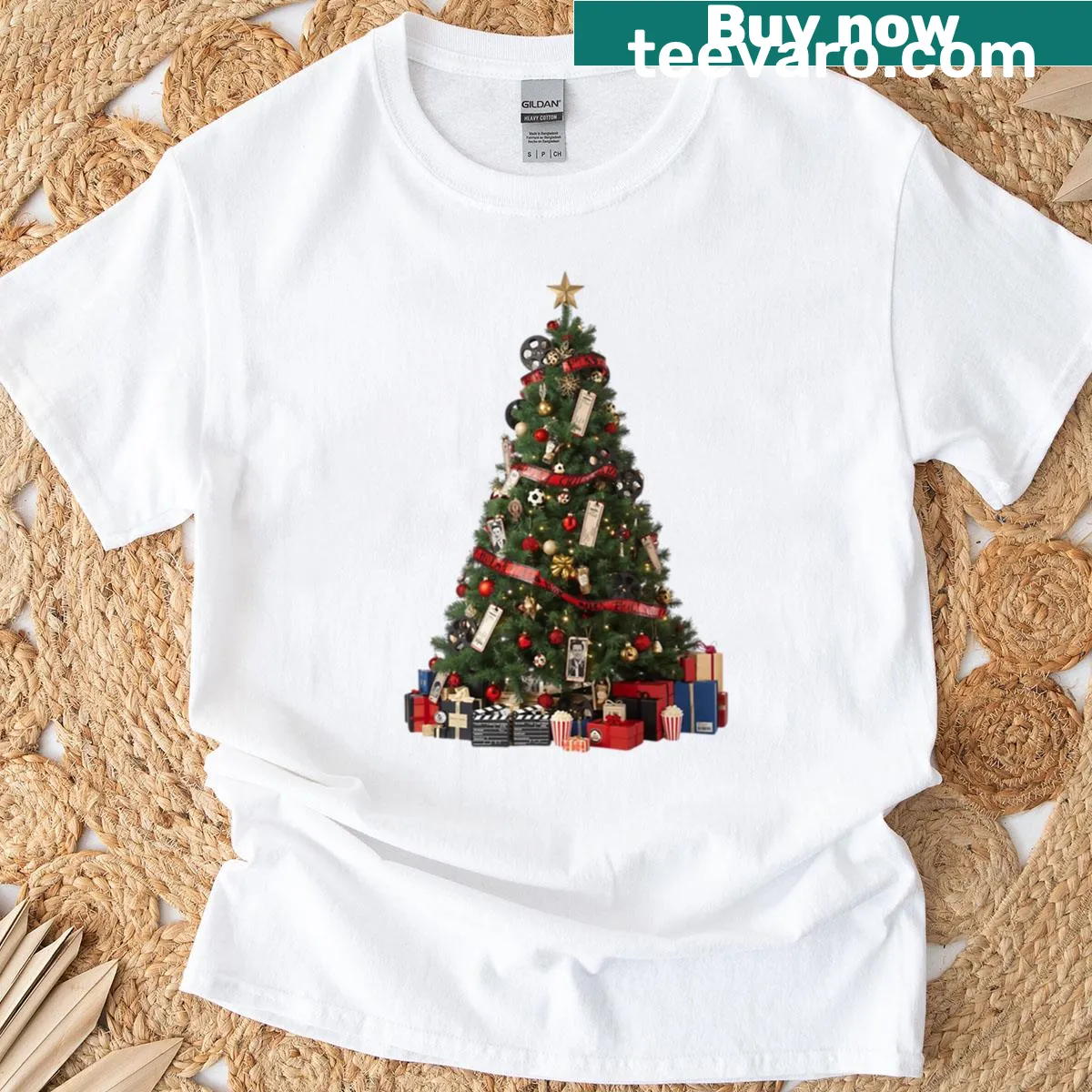 Cinematic Christmas tree design with film elements for movie lovers — on a men's t-shirt